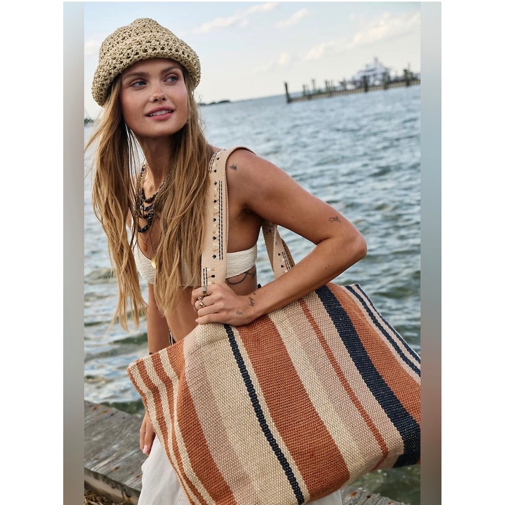 Free People Copacabana Tote orange blue kite beach bag New NWT papaya summer